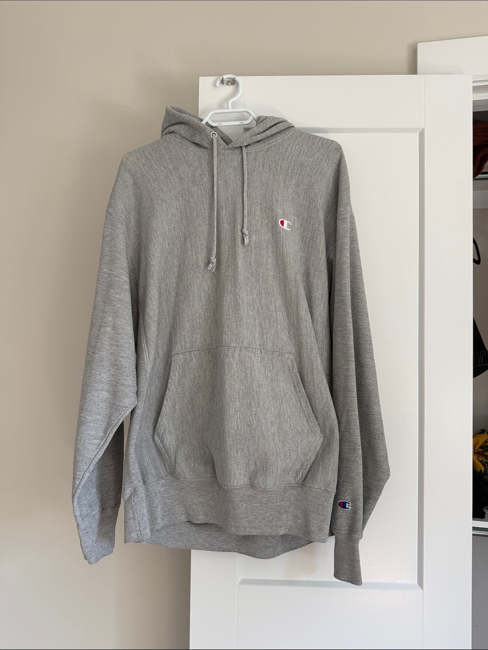 Champion Reverse Weave Gray Hoodie with Small Logo - Men's Pullover